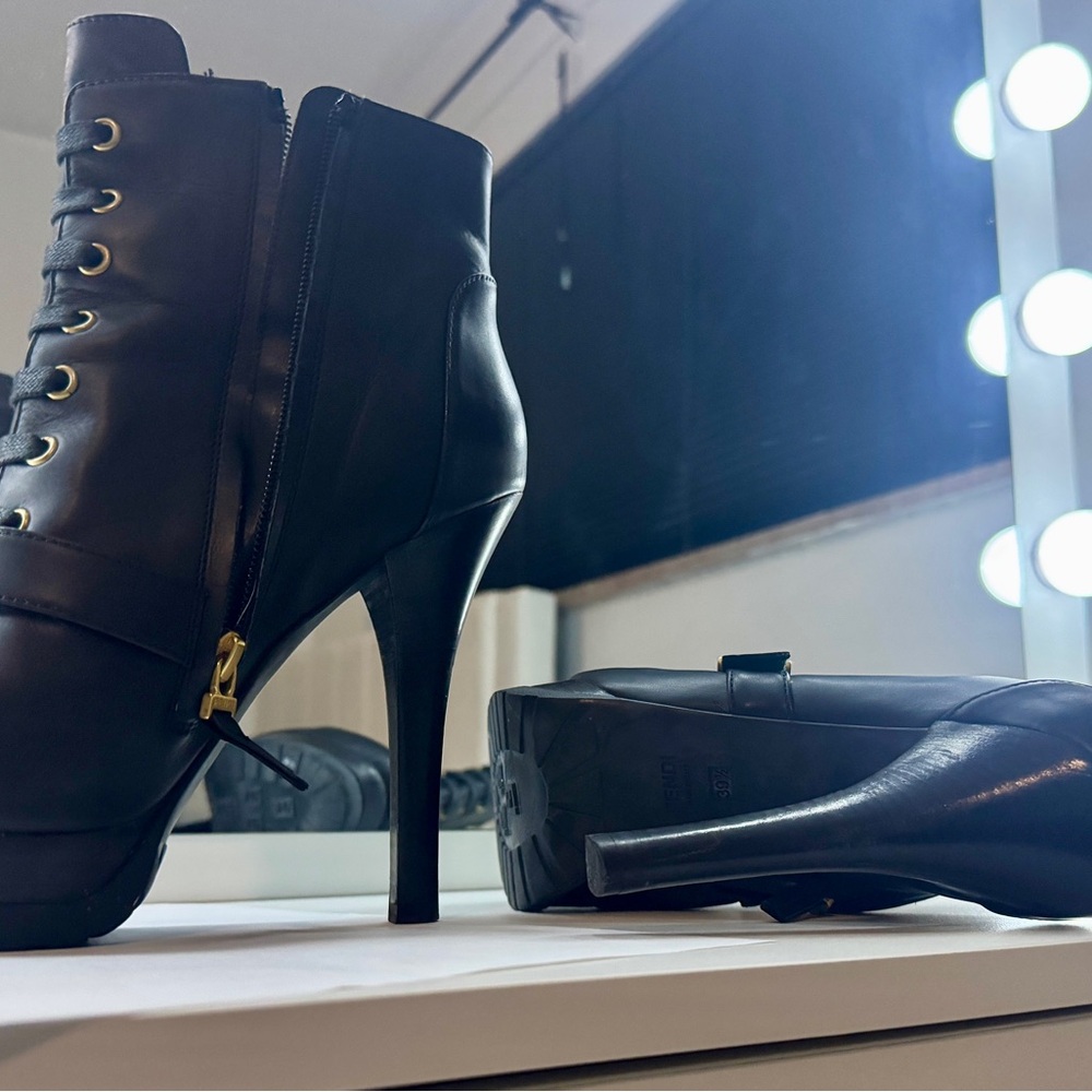 Fendi Black Leather High-Heel Ankle Boots with Gold Zip Detail